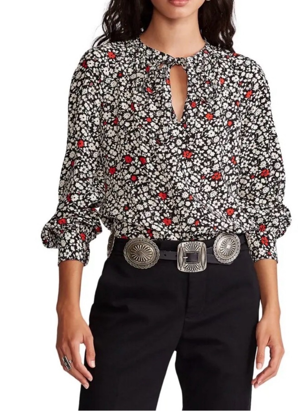 Polo Ralph Lauren Floral Tie Neck Blouse XXL Black White Red Keyhole Top